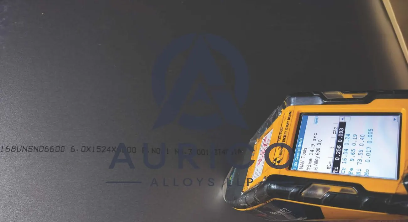 XRF readout on 6 mm Alloy 600 showing nickel 73.59, chromium 16.04 and iron 9.65 percent