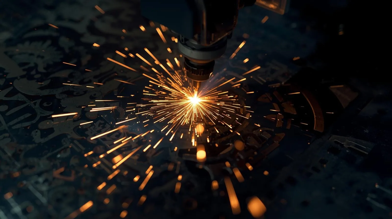 Laser cutting head throwing sparks across a dark metal sheet