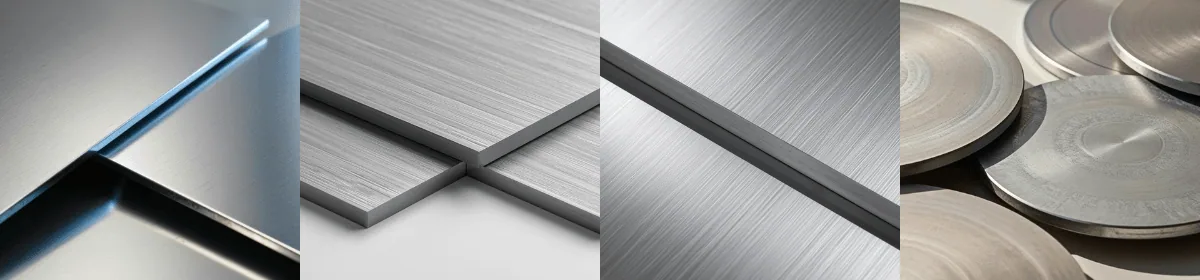 Brushed alloy plate edges, stacked square plates, flat bar and circular blanks